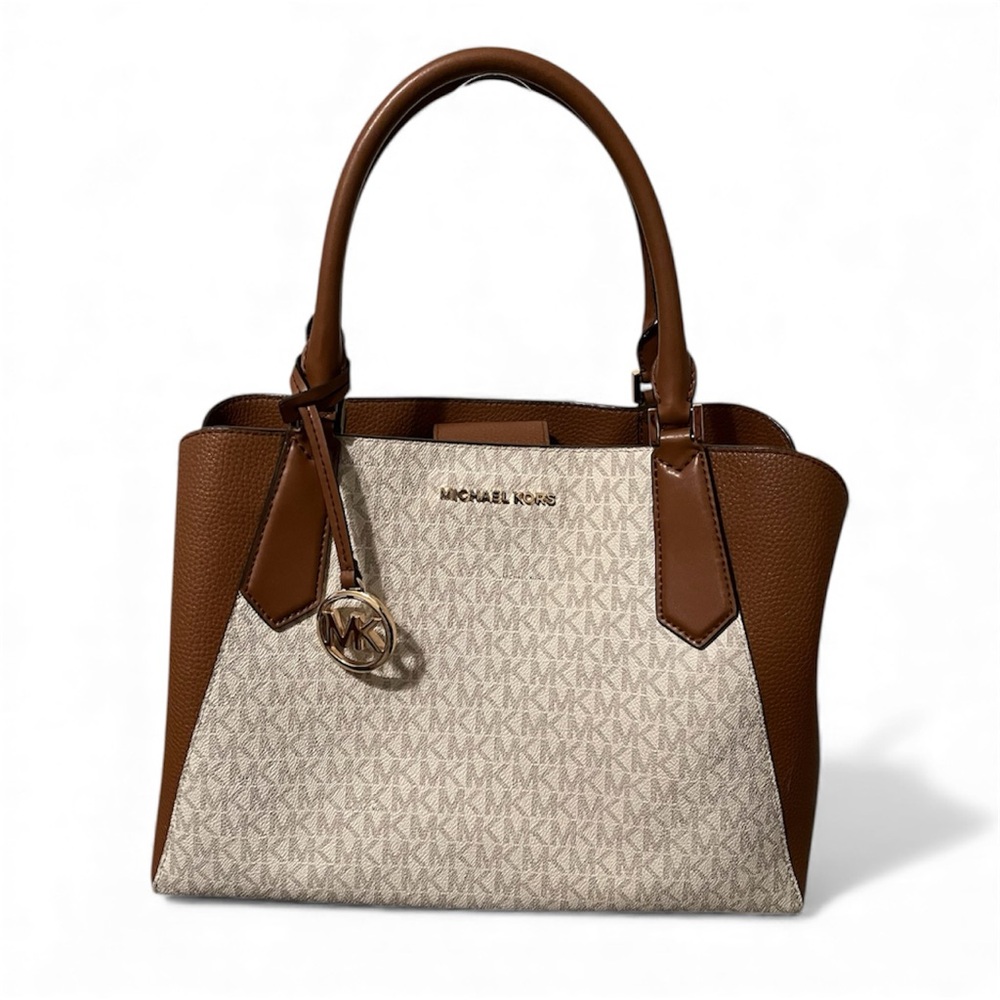 Michael Kors Kimberly Pebble Large PVC Satchel Vanilla & Acorn Brown Leather Bag
